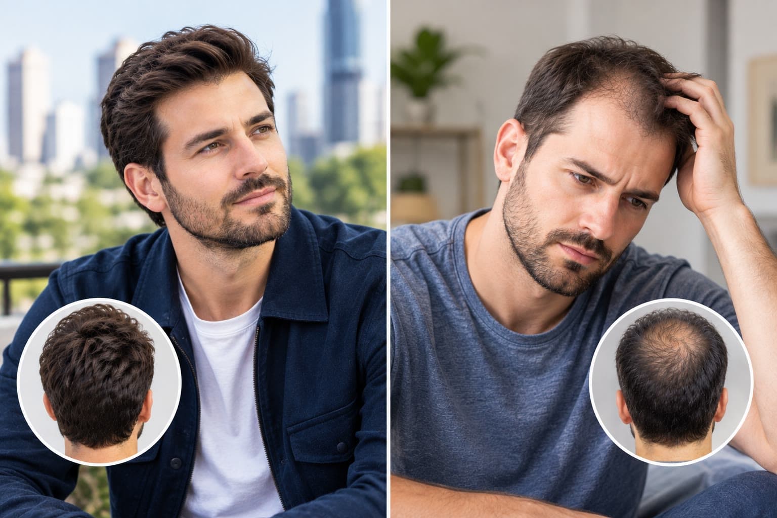 Man with a full hair system, hand resting against his hairline